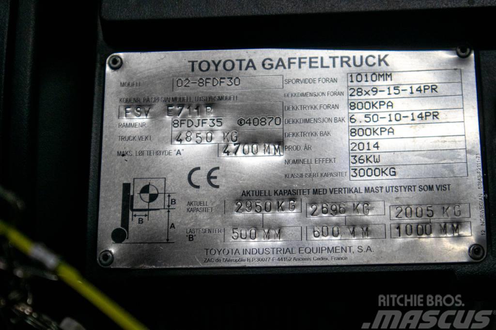Toyota 02-8FDF30,dieselmotviktstruck med 4700 mm lyfthöjd Dizelski viljuškari