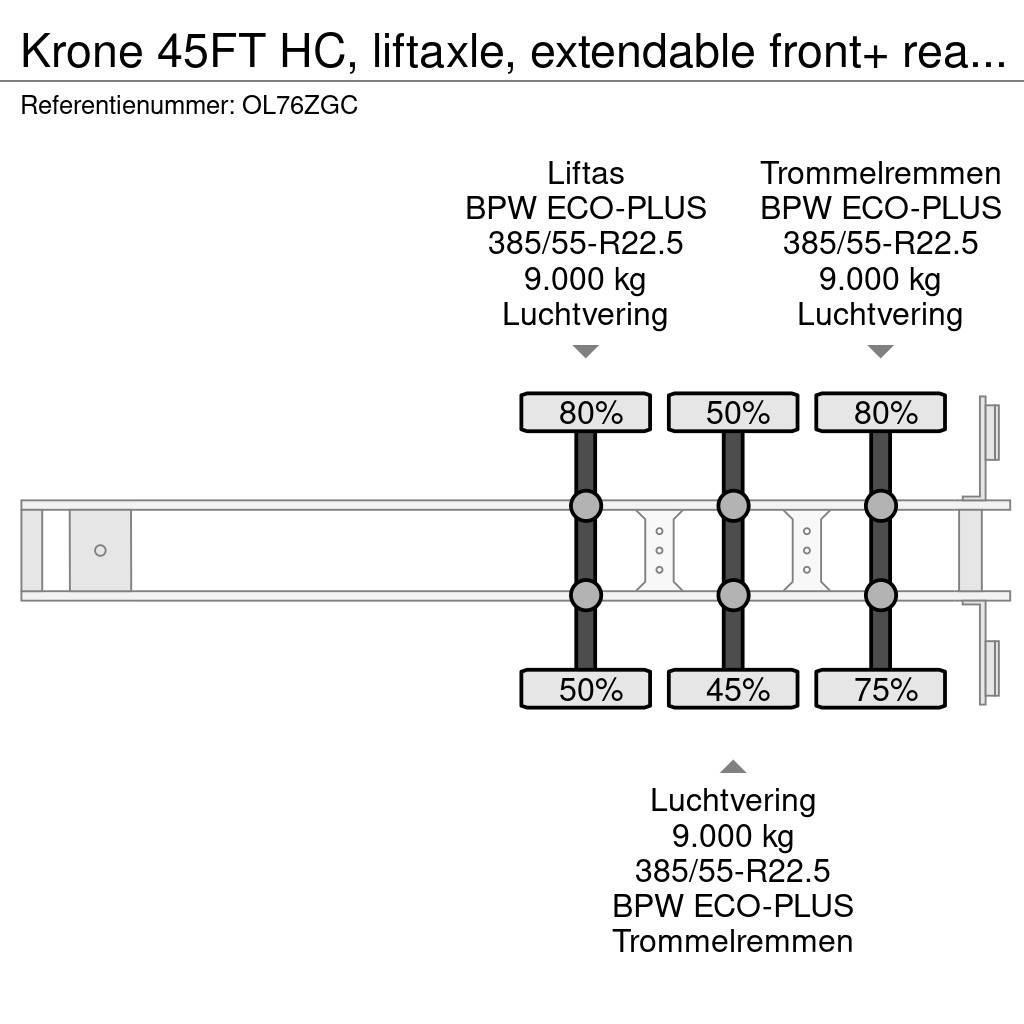 Krone 45FT HC, liftaxle, extendable front+ rear+ bumper, Kontejnerske poluprikolice