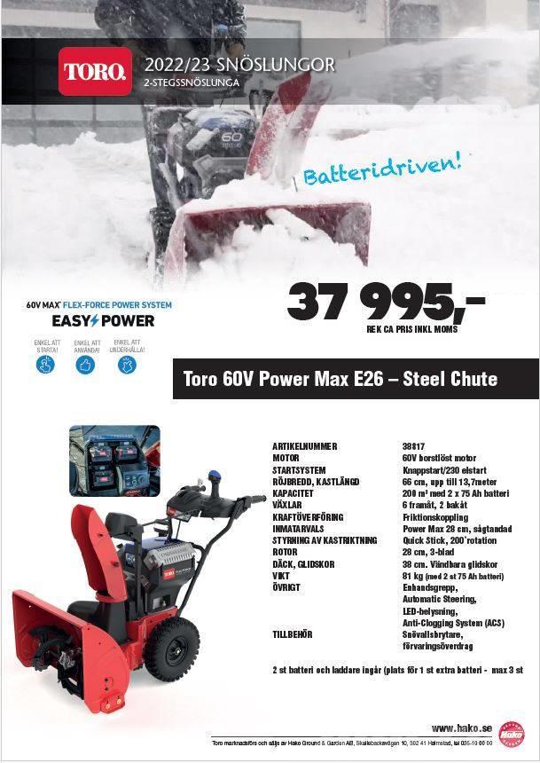 Toro Power Max E26 Batteridriven 2-stegs snöslunga Snežne freze