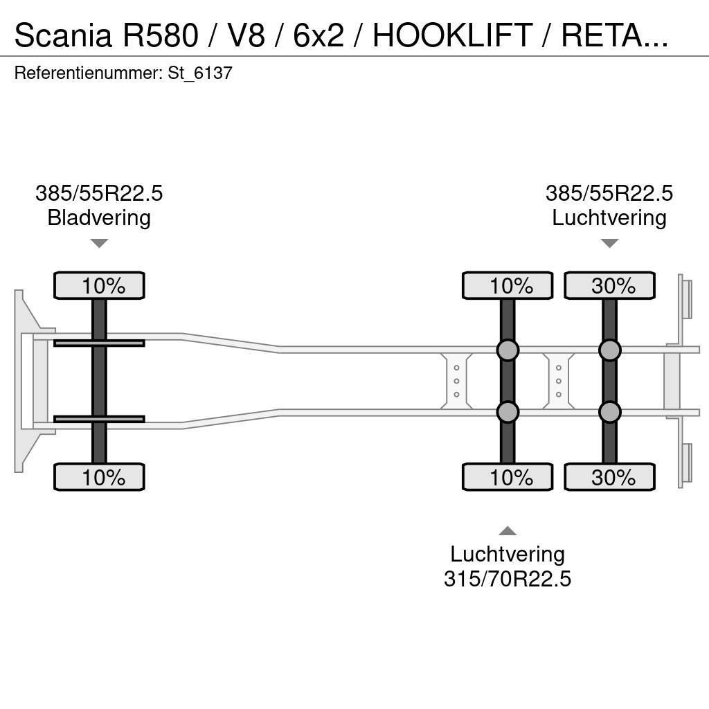 Scania R580 / V8 / 6x2 / HOOKLIFT / RETARDER / LIFT-STEER Rol kiper kamioni sa kukom za podizanje tereta