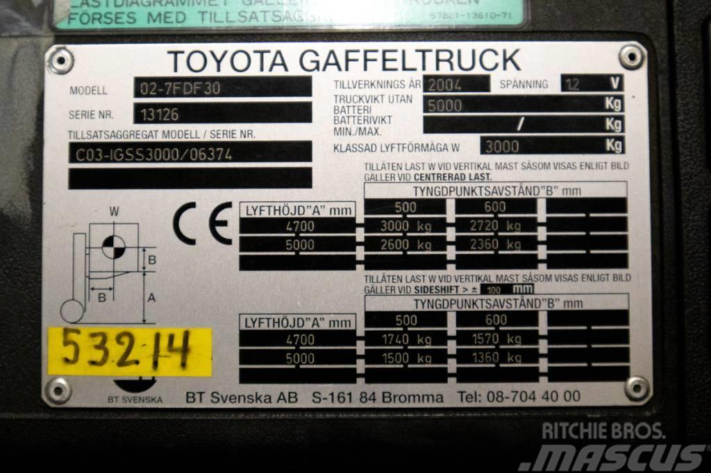 Toyota 7FDF30, 3-tons dieselmotviktstruck med 5m lyftöjd Dizelski viljuškari